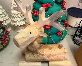 Handmade Rustic Log Reindeer Figurine with Faux Fur Collar