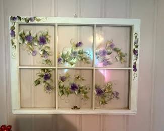 Hand-Painted Violet and Floral Vintage Window Frame Wall Art