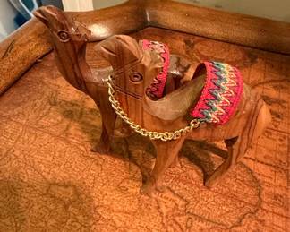 Hand-Carved Olive Wood Camel Figurine with Embroidered Saddle and Chain Harness
