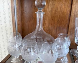 vintage Toscany Romanian etched crystal decanter set with 6 matching brandy snifter glasses