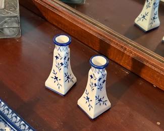 blue and white ceramic candle holders
