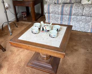 Pair of Pedestal Oak Side Tables With Marble Top Inserts