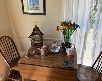 antique drop-leaf table, miniature church models, Vintage Dolphin China Enchantment Japan Tea Pot, vintage Japanese porcelain bowl, Hand blown flowers centerpiece, Vintage Wood Bird Cage