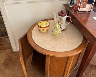 Octagonal side table, yellow ceramic ginger jar, Vintage Chinese yellow noodle dish, Lovely Vintage Floral Pot