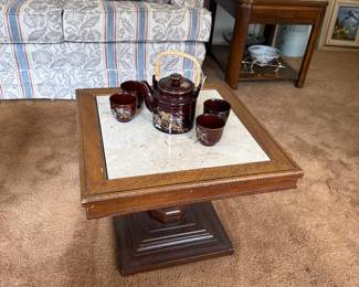 Pair of Pedestal Oak Side Tables With Marble Top Inserts