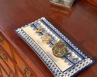 Bombay decorative tray, Kings Crown Trinket Box, vintage Monet heart-shaped trinket box, Georgia Tech enamel pin