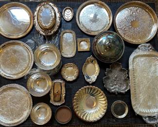 large assortment of vintage silver-plated serving items