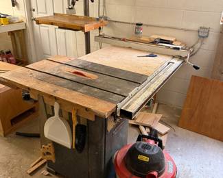 vintage Craftsman table saw, wooden extension table, aftermarket fence system (guide rails)