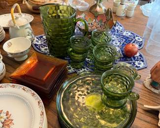 Indiana Whitehall advocado green luncheon set plus pitcher, vintage set of amber colored glass plates, Harmony House China in the Fairfax pattern, vintage Indian brass pedestal bowl,