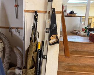 Various equipment for woodworking, saw, level