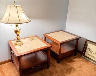 Pair of marble top end tables, Classic Manor style, Vintage Brass Table Lamp