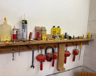Various Woodworking tools, router bits, corner angle clamps