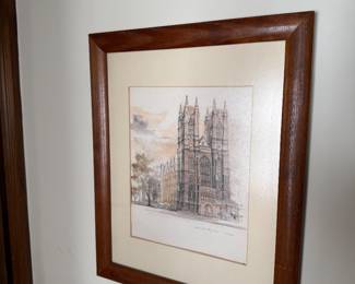 vintage watercolor and pencil print of Westminster Abbey, created by Danish artist Mads Stage