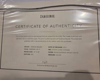 Certificate of Authenticity for Artwork