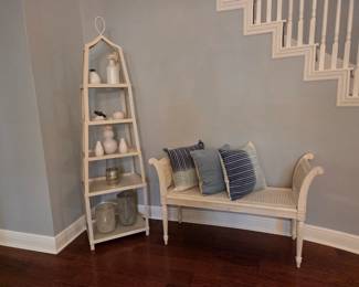 Antoinette Bench in White Patina Wood frame w/Caned seat & arms~~Geometric Silhouette 5-Tier Shelf 75"tall X 20.25"wide X 15.5"deep