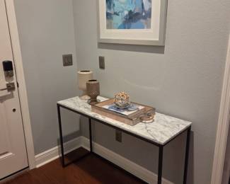 West Elm Marble Top Entry Table supported by Black Metal Frame 48"wide X 16"deep X 30"tall