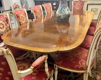 Baker historic Charleston Mahogany Satinwood dining table with 10 side chairs, 2 captain chairs with Versace upholstery