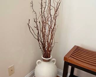 Decorative White Ceramic Amphora-Style Floor Vase with Twig Arrangement and Lights