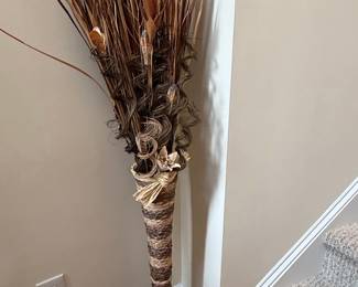 Woven Seagrass or Rattan Floor Vase with Dried Floral Arrangement