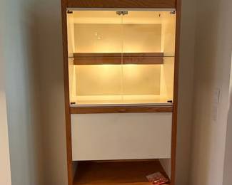 Contemporary Oak and White Display Cabinet with Drop-Down Desk
