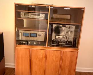 McIntosh MC2255 Power Amplifier and Akai Reel-to-Reel in Oak Cabinet
