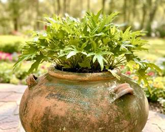 garden design ceramic planter with patina