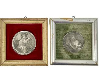 2pc Framed Vintage J.B. Greuze Silver Medallions