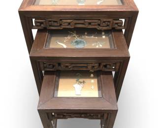 Set of 3 Asian Wood Glass Top Jade Nesting Tables