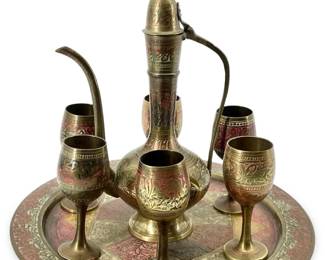 8pc Vintage Etched Dallah Brass Coffee Tea Set