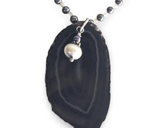 Sterling Clasp Slice Agate Pendant Necklace