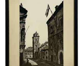 Atmospheric B&W Architectural Watercolor Scene