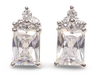 Pair Sterling Silver Radiant Cut CZ Stud Earrings