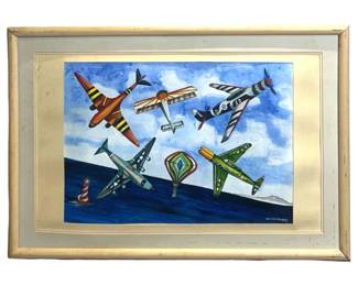 Signed Malcom Morley Aircraft Watercolor Painting