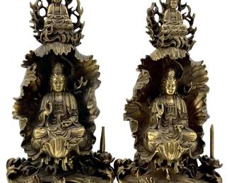 2pc Chinese Brass Lotus Leaf Buddha Sculptures