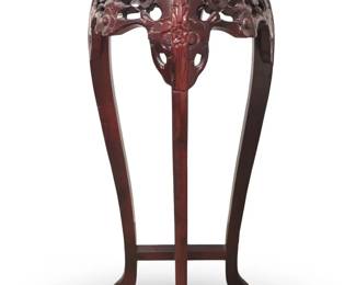 Carved Chinese Marble Top Redwood Plant Stand