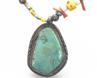 Sterling Coral Bead Turquoise Pendant Necklace