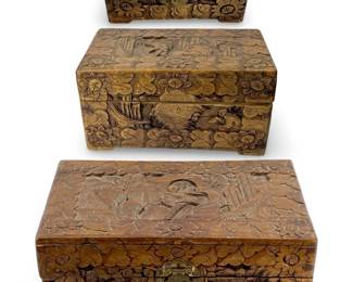 3pc Carved Wooden Chests