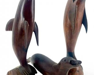 Carved Ironwood Seal and Dolphin Sculptures