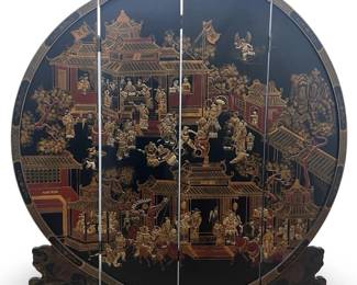Hand Painted Chinese 4 Panel Round Floor Screen