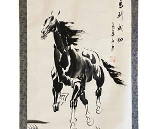 Asian Sumi-e Woodblock Horse Hanging Scroll