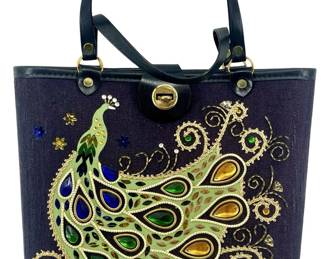 Black Twill Fabric Jeweled Peacock Handbag