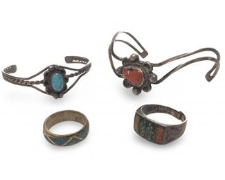 (4pc) Native American Silver Turquoise Coral Rings