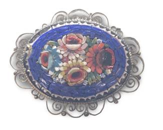 Vintage Italy Silver Oval Mosaic Floral Brooch