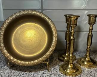 Vintage Brass Footed Bowl  3 Candlesticks Lot