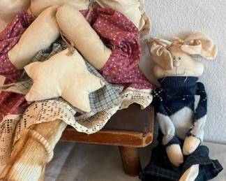 Stuffed Cat, Stuffed Bunny With Little Vintage Stool