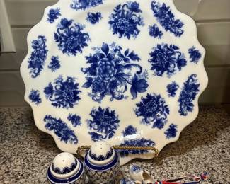 Vintage Flower Blue white Platter, blue and white Salt And Pepper Shakers