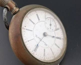  02 Antique Illinois Watch Co Pocket Watch With Steam Engine Engraving