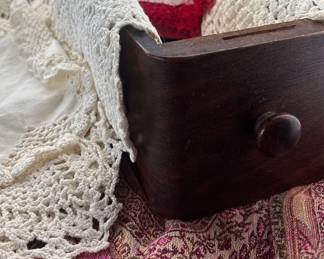 Wooden Drawer And Lot Of Vintage Crochet Doilies