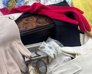 Vintage Ladies Gloves 13,v Vintage Locket ,Handkerchiefs 2, And Boxes wood and glass