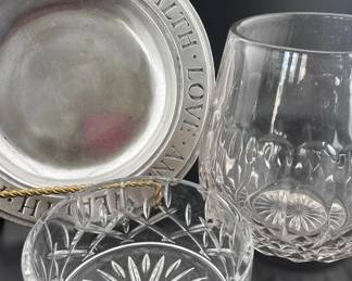 Cut Glass Vase And Candy Bowl, And Metal Decorative Plate